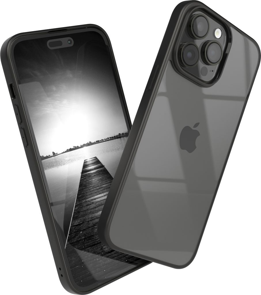 A black iPhone case is shown from two angles, with one showing the front screen and the other showing the back with the Apple logo.