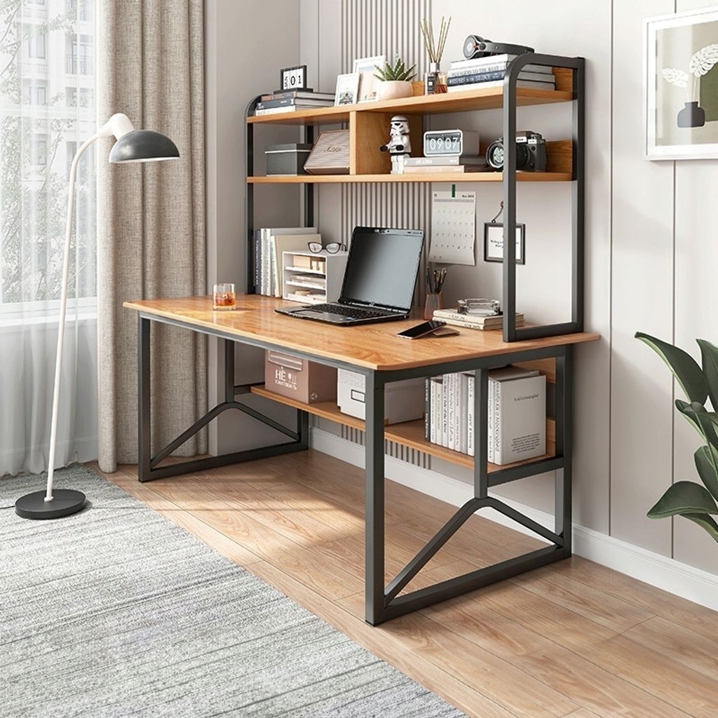 A modern computer desk with shelves, set up in a home office environment with a floor lamp and curtains.