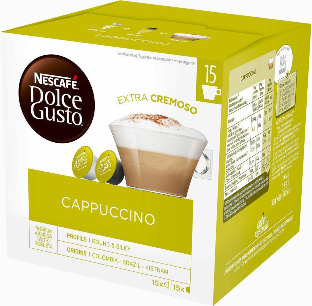 A box of Nescafé Dolce Gusto Cappuccino coffee pods.