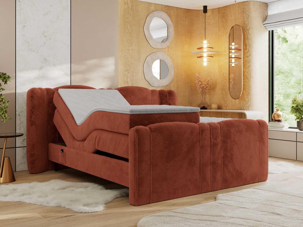 MKS MEBLE Boxspringbett mit motor FORTINA 180x200 cm elektrisch verstellbar 7-Zonen Multipocket Matratze Bettkasten Polsterbett - Orange Plüsch - H4