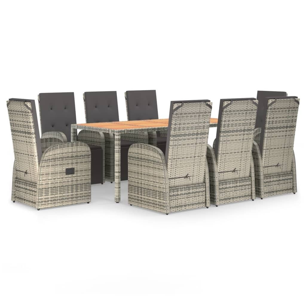 9-tlg. Garten-Essgruppe mit Kissen Grau Poly Rattan