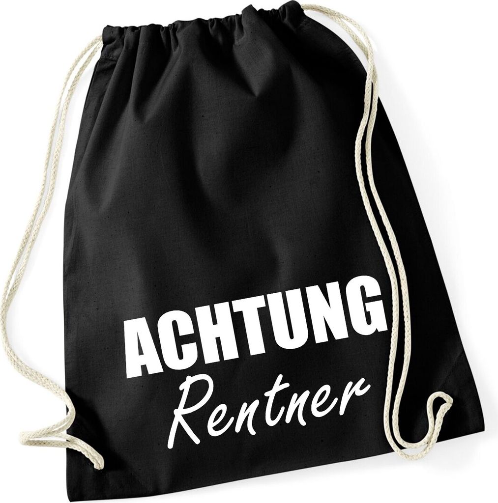 Huuraa Turnbeutel Achtung Rentner Schriftzug 12 Liter Black Baumwolle Rucksack Geschenkidee