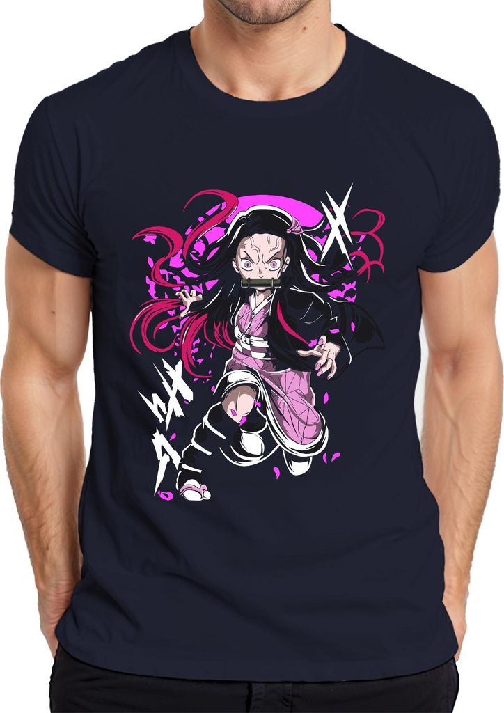 Nezuko Kamado Anime Dämon Kampfpose Bambus Beißschutz rosa Manga Herren T-Shirt, Navy, S