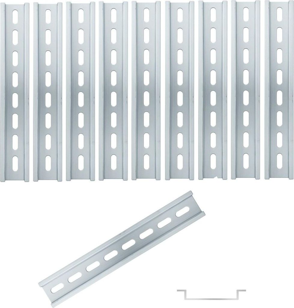 A collection of metal mounting rails with pre-drilled holes, and one rail shown separately at an angle.