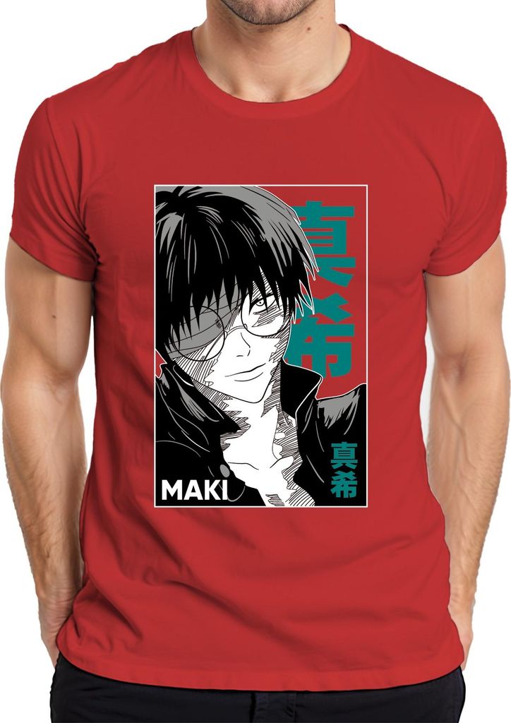 Anime Manga MAKI Brille schwarz weiß Cool Geschenk Otaku Retro Herren T-Shirt, Rot, L