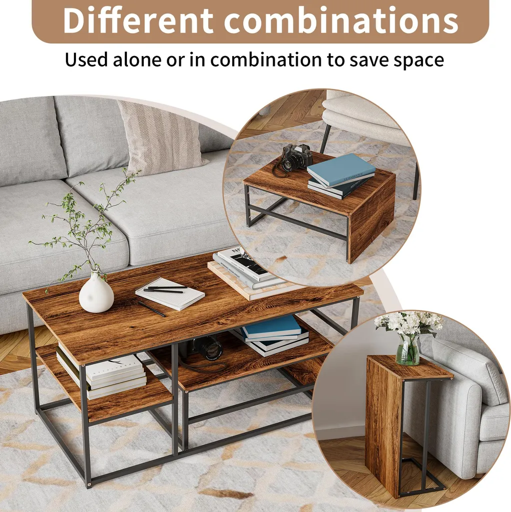 Set 2 Tavolini Quadrati in Legno Rustico con Base Nera Moderna - 7