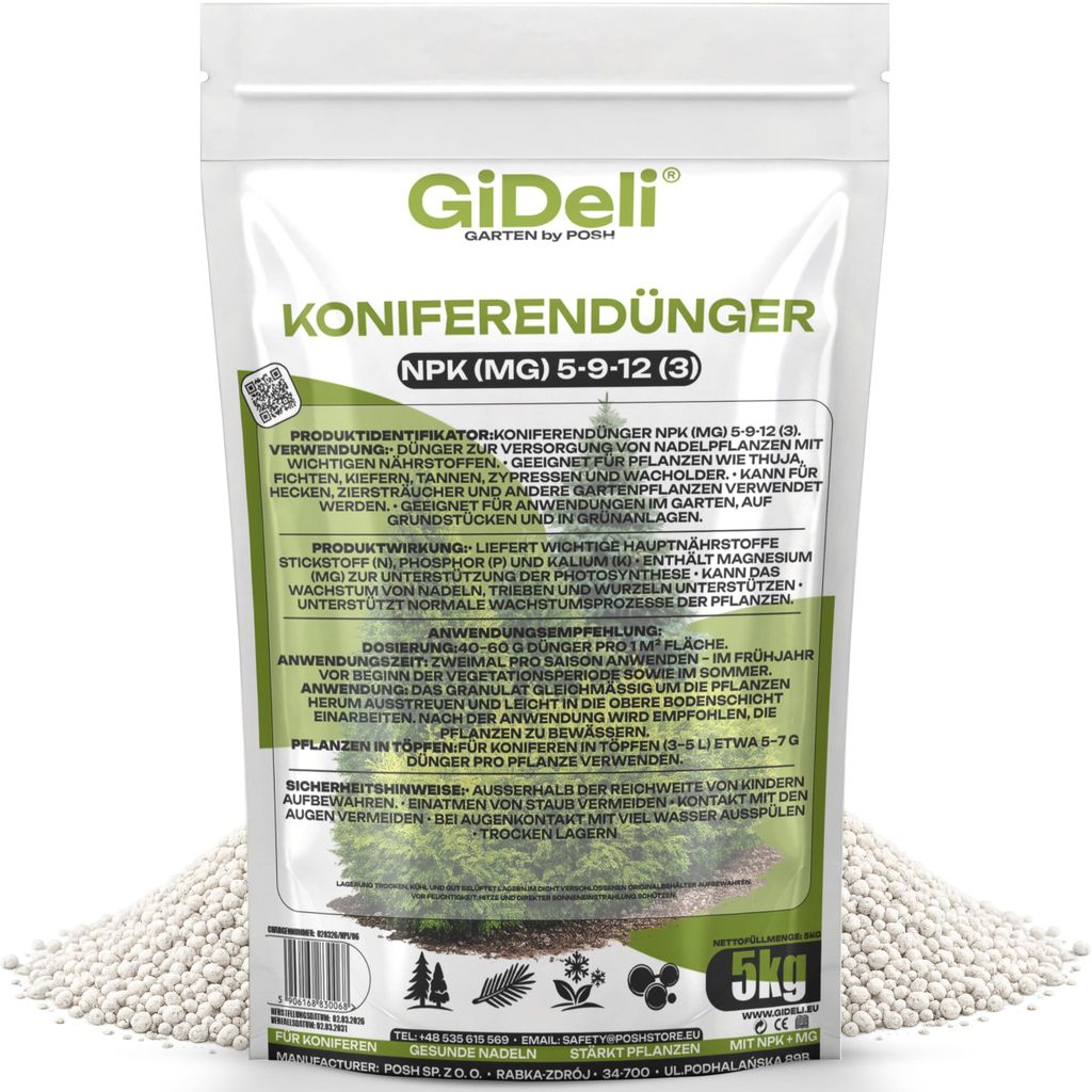 Koniferendünger 5kg NPK 5-9-12 Thuja Hecke Zypresse Nadelbäume Magnesium GiDeli