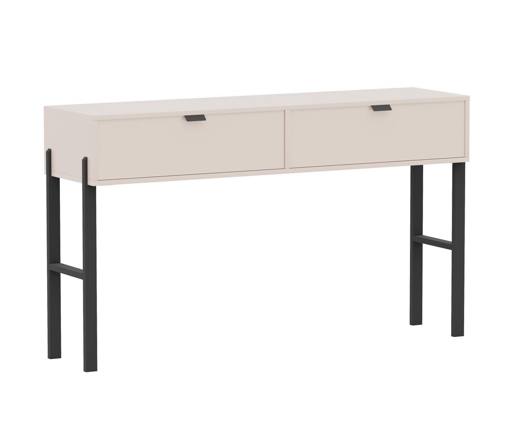 Albello Schminktisch CREAMY Beige 140x37x83 cm – moderne Konsole mit 2 Schubladen, schwarze Beine & Griffe, ideal für Schlafzimmer & Flur