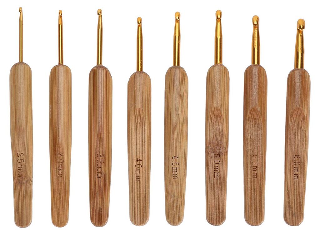 8-teiliges Häkelnadel-Set, 2,5 mm bis 6,0 mm, Bambusgriff-Nadelset für Dreadlock-Untersetzer, Schal, Mütze, Teppich, Golden