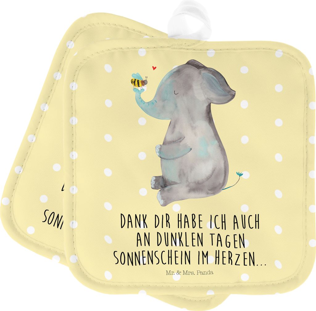 Mr. & Mrs. Panda Topflappen Elefant Biene - Gelb Pastell - Geschenk, Jahrestag, topfhalter, Topfuntersetzer, Hochzeitsgeschenk, Lustige Sprüche, 2...