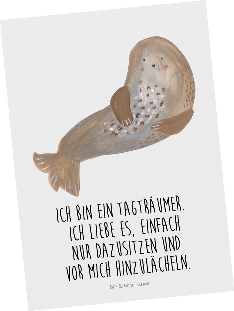 Mr. & Mrs. Panda Grußkarte Robbe Lachen - Weiß - Geschenk, Ansichtskarte, Postkarte, Strand, bildkarte, Ansichtskarten, kunstkarte, Lustige Sprü...
