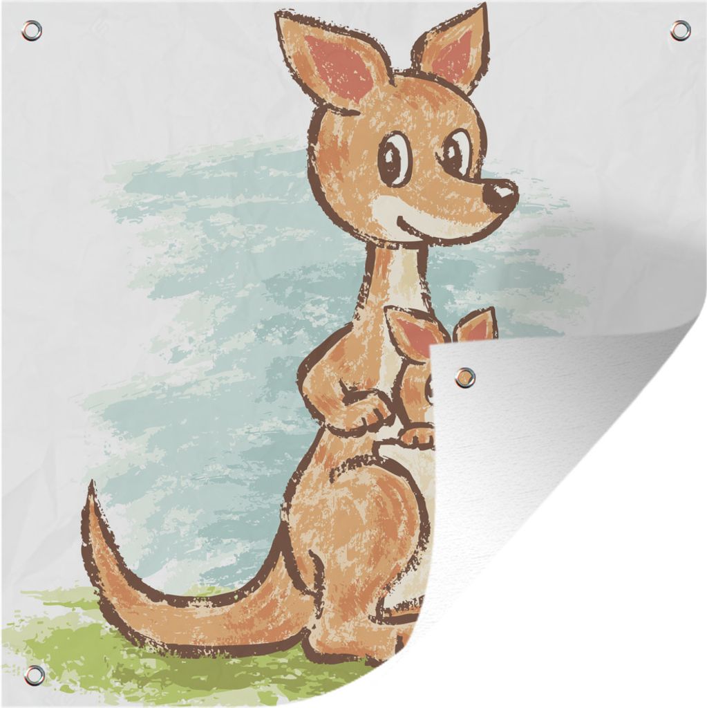 MuchoWow 100x100 cm Outdoor-Poster Gartendeko Sichtschutz Garten Poster für den Garten Känguru - Tiere - Jungtiere - Kreide
