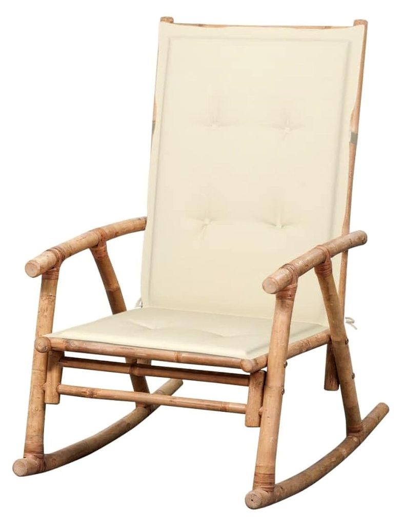 Schaukelstuhl aus Bambus mit Kissen, Relaxsessel für Garten und Balkon, wasserdichte Auflage, Creme, 66 x 86 x 105 cm