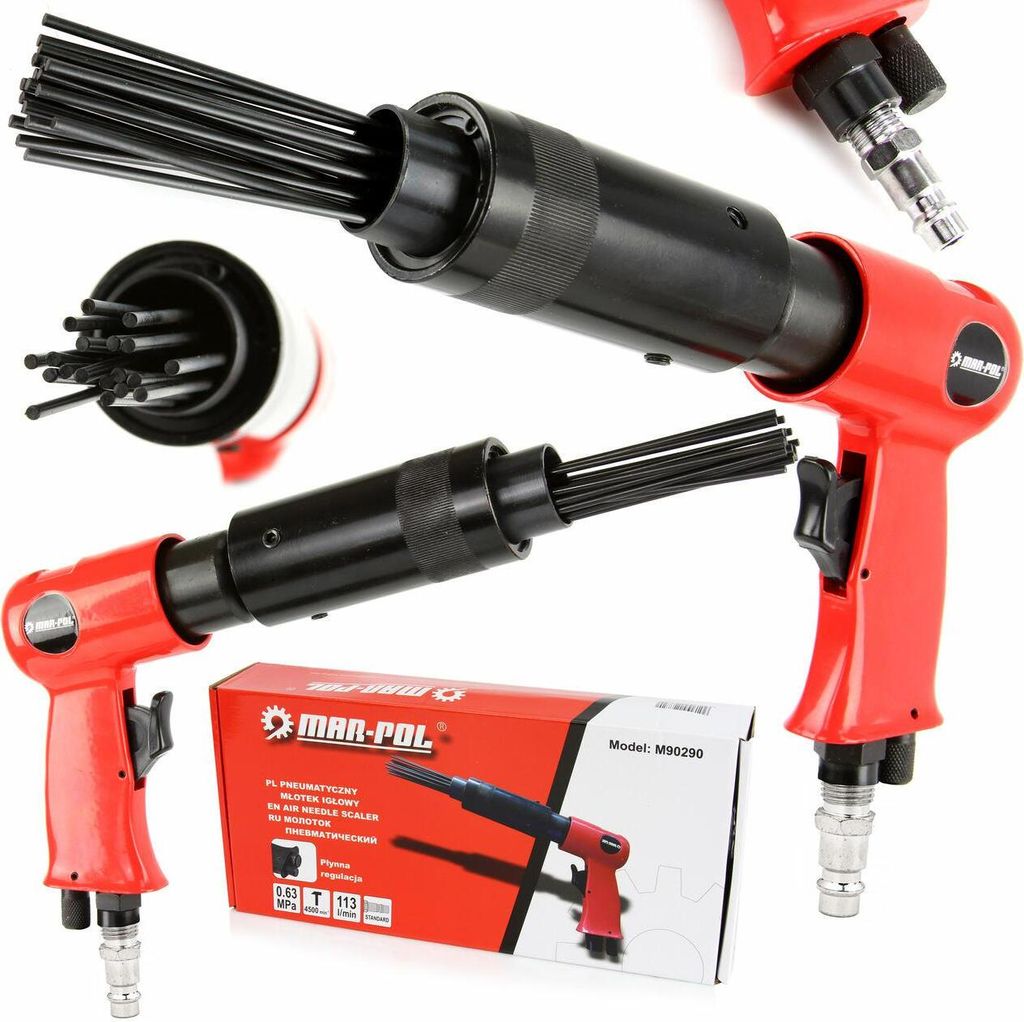 A collage of images showing a needle scaler tool and its packaging.