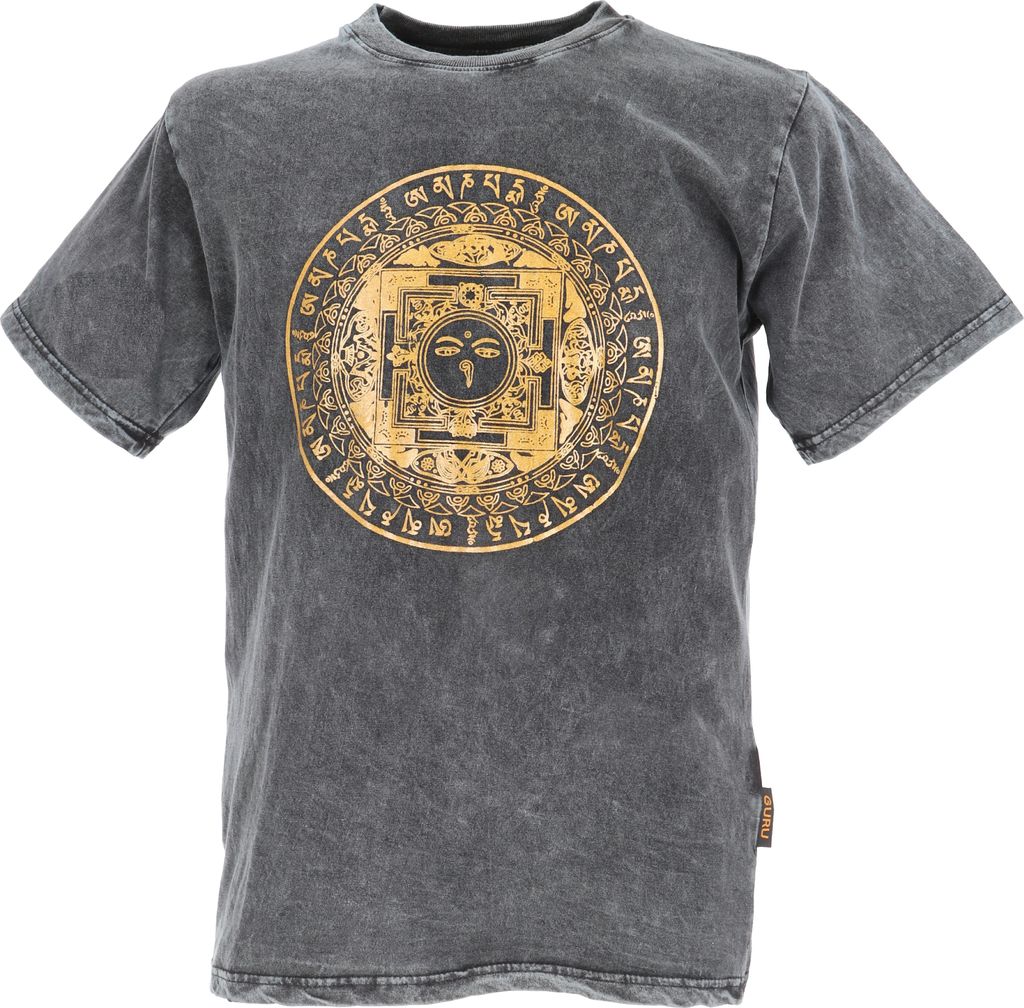 Tibet & Buddhist Art T-Shirt, Buddha Mandala Stonewash T-Shirt - Schwarzgrau, Herren, Baumwolle, Größe: L