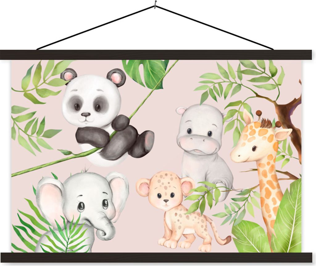 MuchoWow Textilposter Dschungel - Tiere - Rosa 150x100 cm mit schwarzem Rahmen - Schlafzimmer
