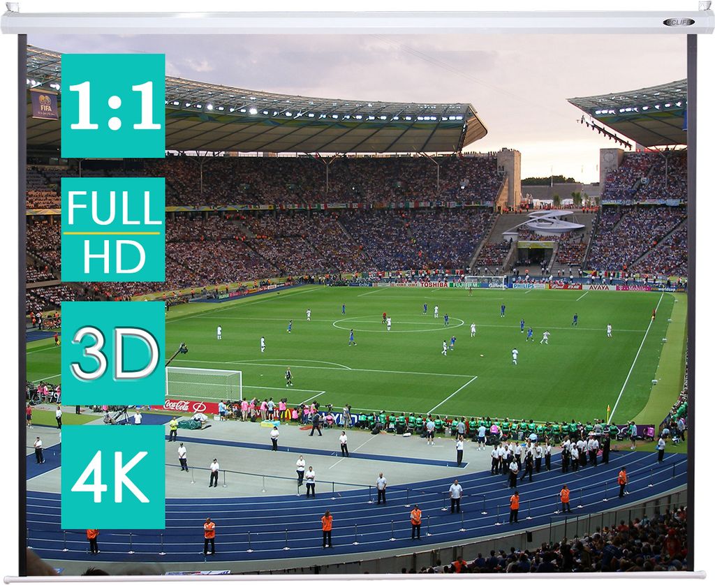 A projection screen displaying a soccer game in a stadium.