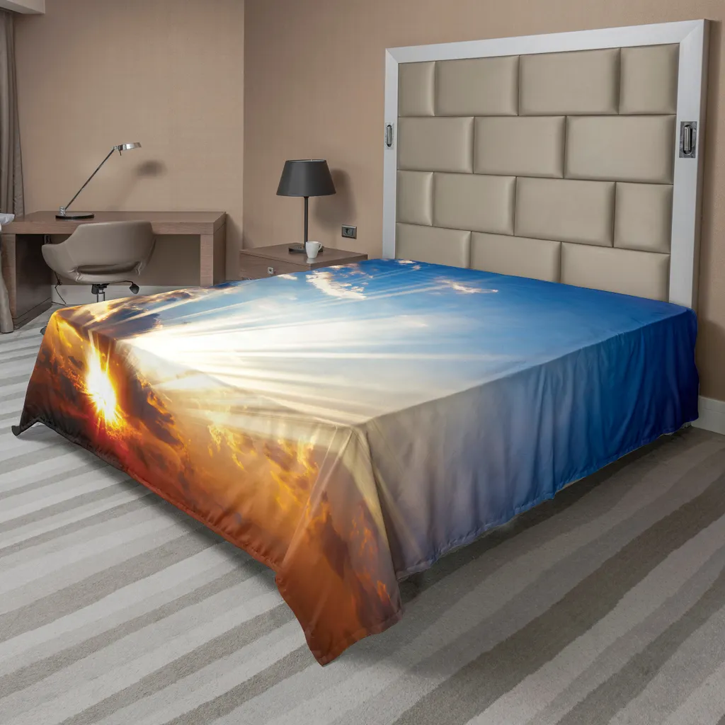 ABAKUHAUS Drap de Lit Nuages et Rayons de Soleil Orange Bleu 260x228 cm