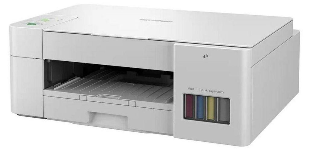 A white Brother printer with visible ink tanks.