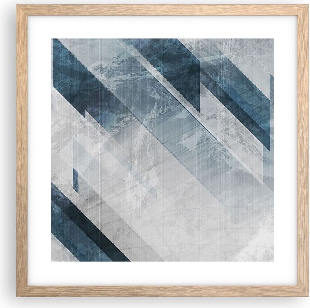 Gerahmtes Poster - Rahmen in heller Eiche - Blau Weiß Figuren - 40x40 cm - Wand Bild - Wanddeko - Wandbilder - Kunstposter - Wandposter - Bilderra...