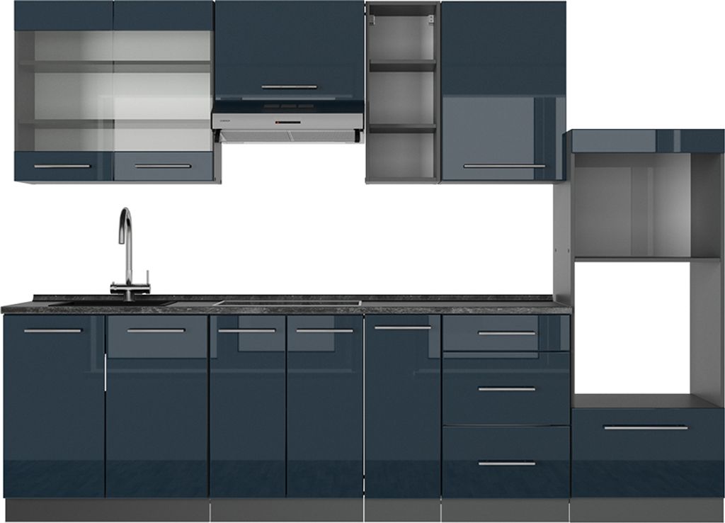 Küchenzeile Vicco Fame-Line Dunkelblau Hochglanz/Anthrazit 280 cm , AP Anthrazit, Model 49744