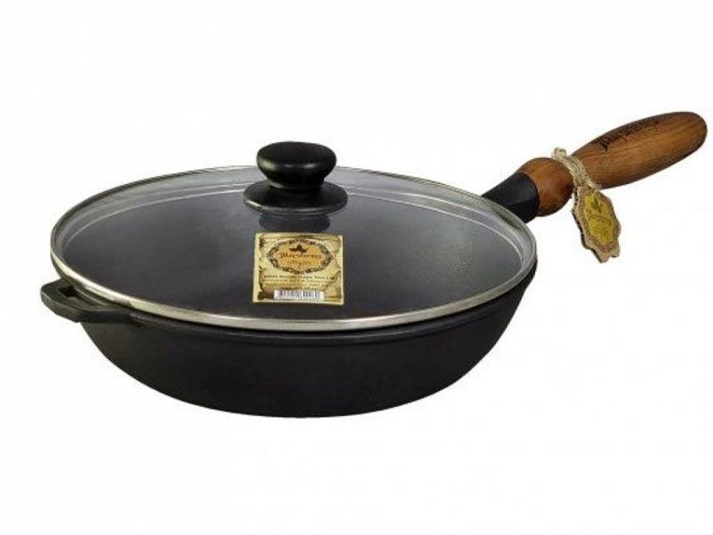 Gusseisenpfanne Ø28 cm 6 cm hoch mit Holzgriff & Glasdeckel Produktbild 