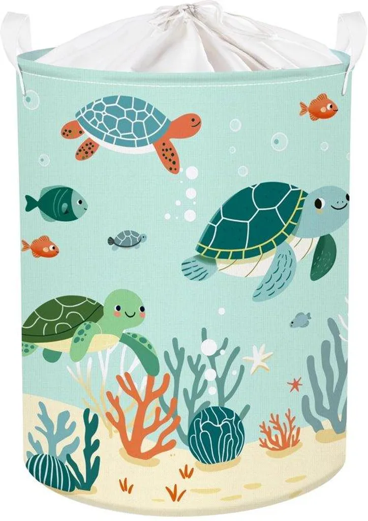 Panier à linge tortue vert 63L pliable : bac de rangement enfant