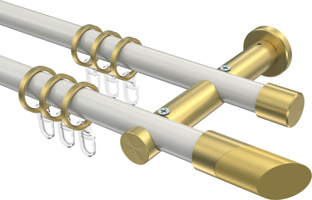 Interdeco Gardinenstange / Vorhangstange Weiß / Messing-Optik, Typ Platon Verano (Schräge), 20 mm Ø 2-läufig, 100 cm