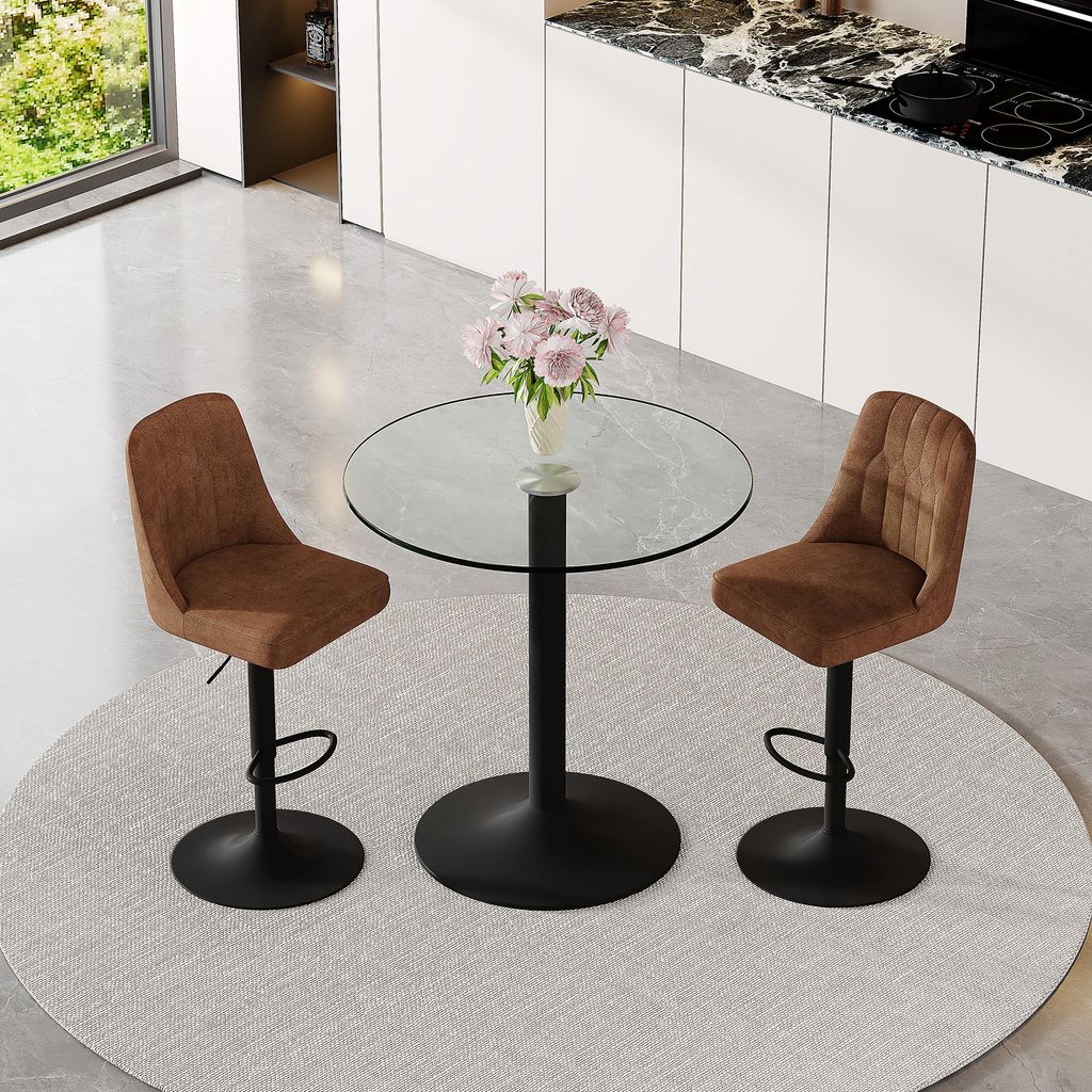2er Set Bar-Set, 89 cm Glastisch, zwei drehbare Barhocker aus braunem Technologie-Stoff, schwarze Metallkonstruktion, Fußstütze, ideal für Heimbar