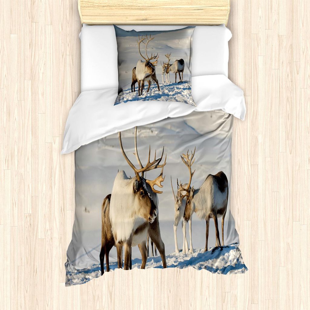 ABAKUHAUS Winter Bettbezug Set, Natürliche Umwelt Tromso Norwegen Antler Schnee Wildes Leben Foto Muster, 135 x 200 cm + 80 x 80 cm, Brown Ivory Blau