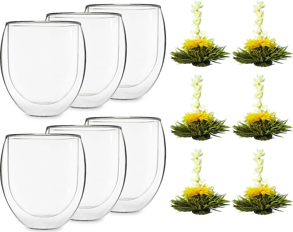 Feelino 6x Teetasse aus Glas Doppelwandig, Teegläser, 400ml Doppelwandige Teegläser, Teeglas Spülmaschinenfest, Thermo-Teegläser, Tee Gläser mit Schwebeeffekt