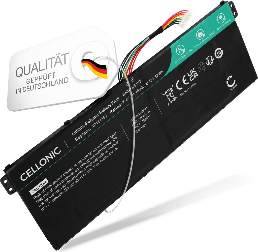 CELLONIC 1x Akku für Notebook Kompatibel mit Acer Aspire 3 A315 Series, Aspire 3 A315-41, Aspire 3 A315-41G, AP16M5J - (4800mAh, 7.4V)