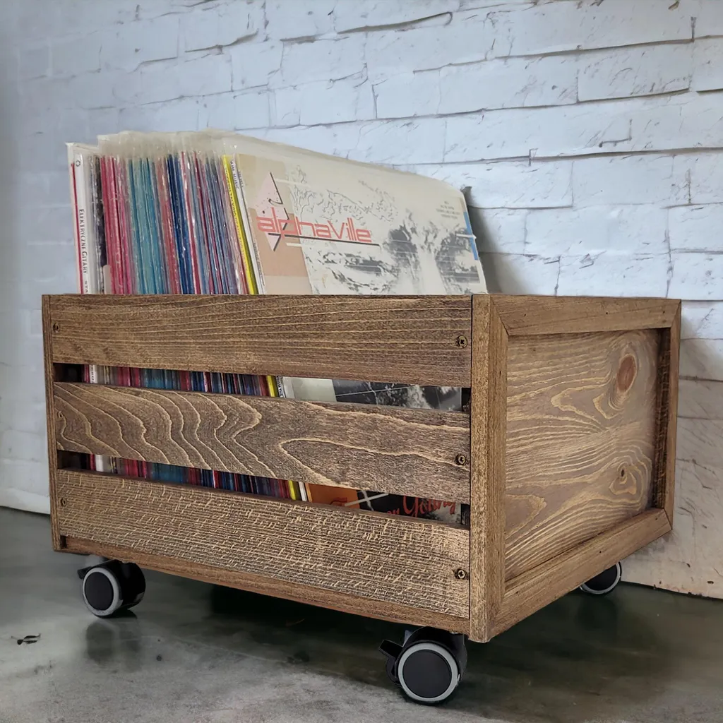 Meuble vinyle wengé sur roulettes, structure ajourée design minimaliste - 4