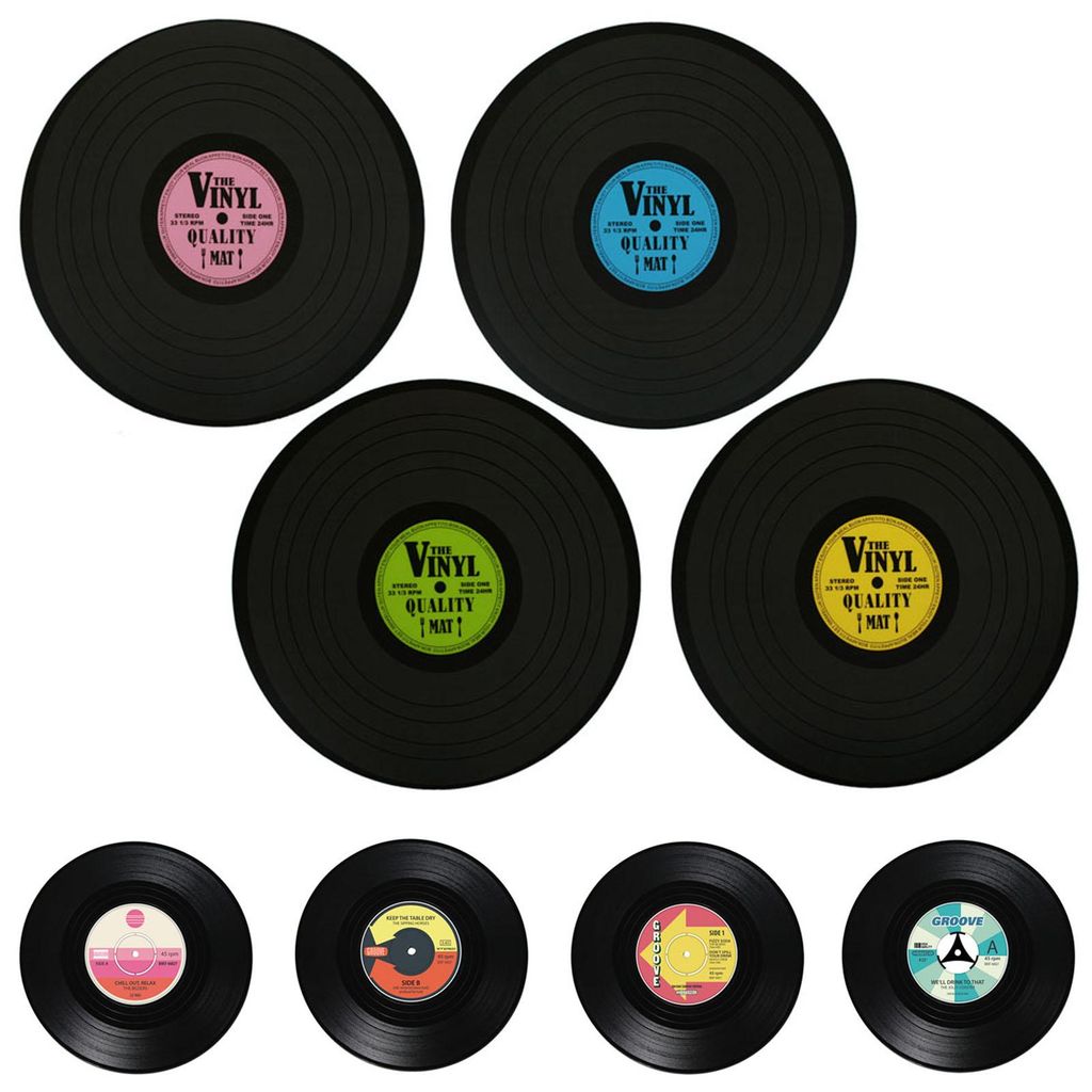 4x Tischset Ø 39 cm Tischmatte & 4x Glasuntersetzer Ø 11 cm Vinyl Schallplatte Tisch Untersetzer Rund