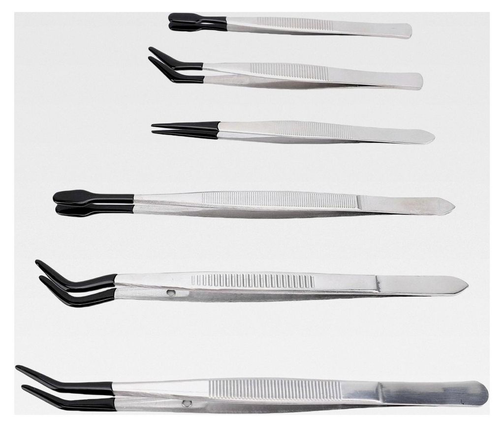 Set von 6 Entomologie-Pinzetten aus Edelstahl mit Gummispitzen für die Präparation von Insekten und Schmetterlingen