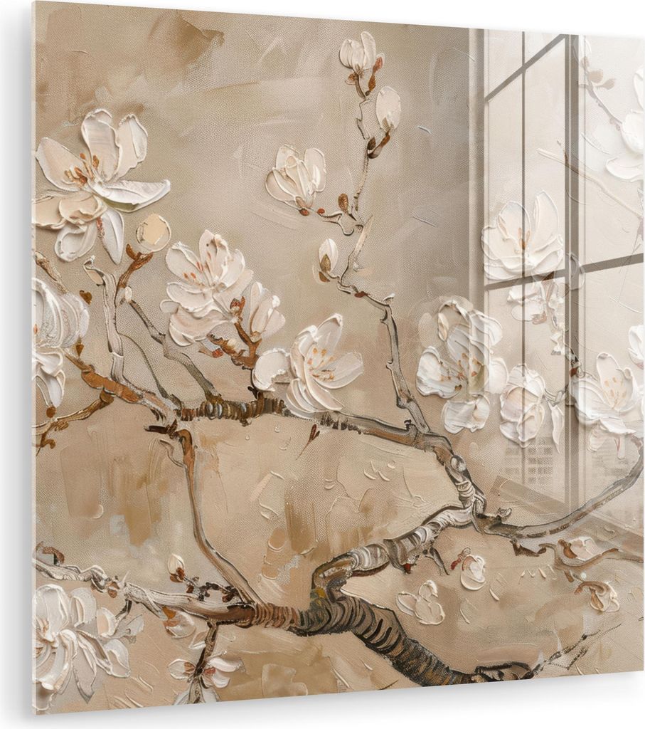 MuchoWow Glasbilder - Bilder auf Wandbild - Foto auf Glas Blumen - Modern - Beige - Weiß - Blüte 50x50 cm Wanddekoration aus Glas - Acrylglasbild...