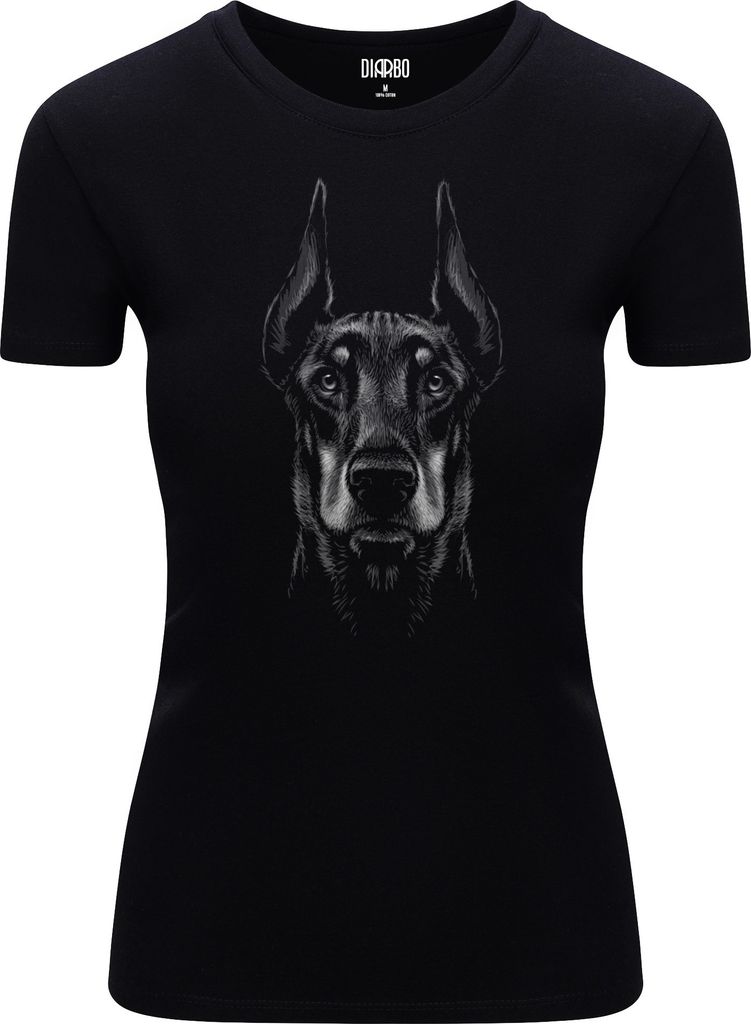 Diarbo Damen T-Shirt mit Tierliebhaber Druck Dobermann Kopf Schwarz Gr.S