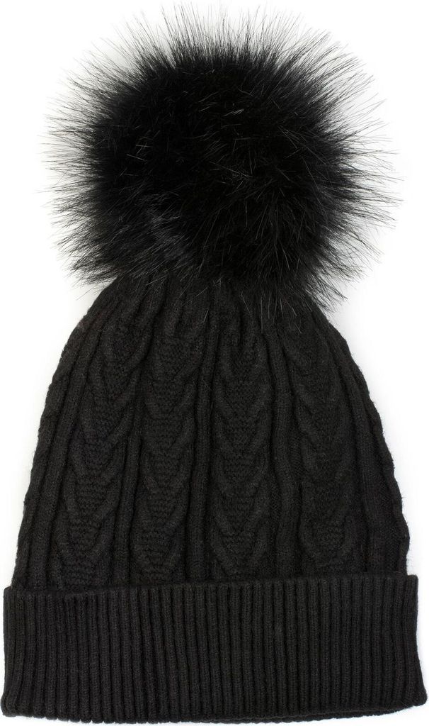 styleBREAKER Damen Feinstrick Bommelmütze mit Zopfmuster, Kunstfell Bommel Mütze, gefütterte Winter Strickmütze 04024100
