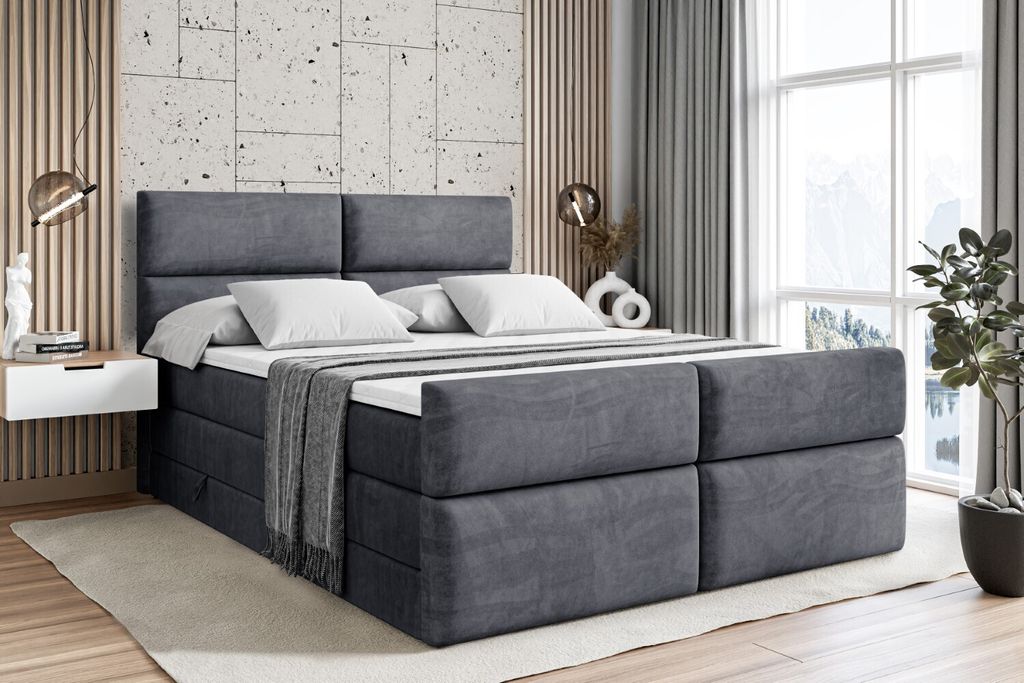 ALTDECOR Boxspringbett mit Fußteil, 2 Matratzen und Topper - 200x200 cm - BOXI3-Z KING - Dunkelgrau Samt - Polsterbett mit, H3- und H4- Matratzen,...