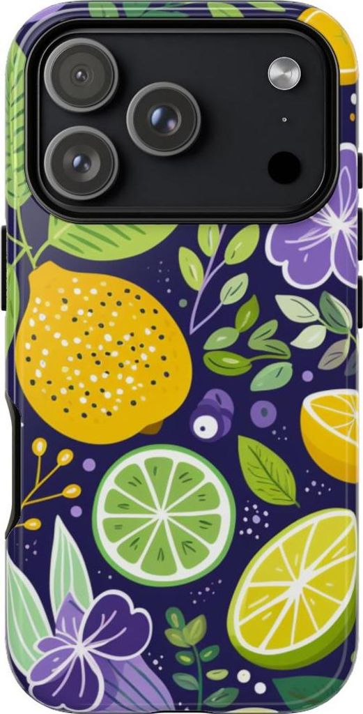Zitronen- und Limettenmuster mit lila Blüten – Hülle Kompatibel mit iPhone 17 Pro