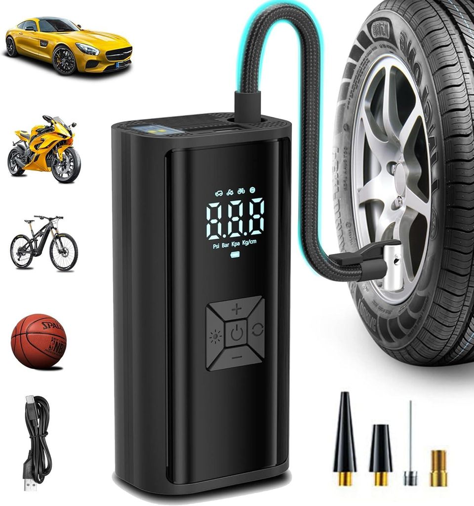 Kabelloser Reifenfüller 150 PSI, LED + automatische Abschaltung, für Fahrräder/Autos/Motorräder/Ballons.
