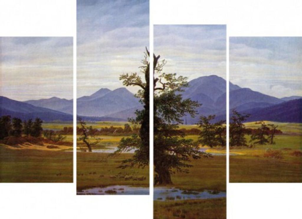 Caspar David Friedrich Bilder Leinwand-Bild Auf Keilrahmen | XXL-Wandbild Poster Kunstdruck Als Leinwandbild - Der Einsame Baum, 1822, 4-Teilig (80...