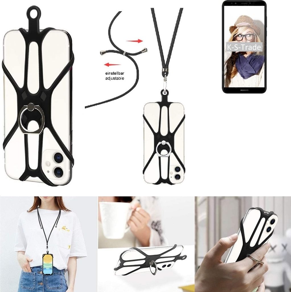 K-S-Trade 3in1 Handykette Handyband Handykordel Halsband Smartphone-Ring Handy-Ring kompatibel mit Huawei Y7 Prime 2018 Fingerhalterung Handyring