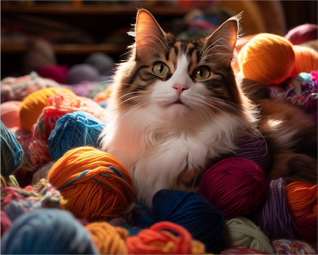 Wallario Poster - Katze in einem Berg von Wollknäuel, Kunstdruck Größe: 40 x 50 cm