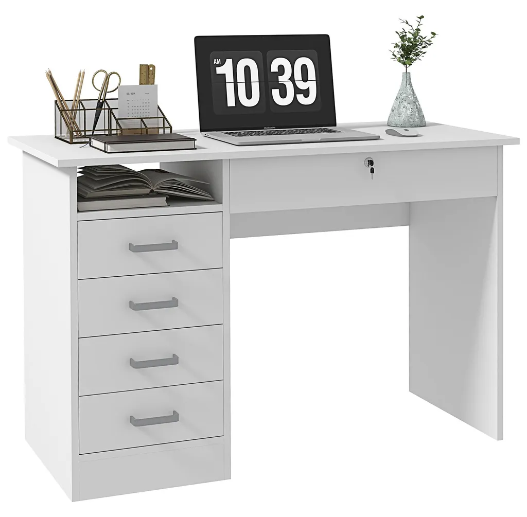 Bureau moderne blanc 110x50x76cm avec 5 tiroirs et compartiment ouvert