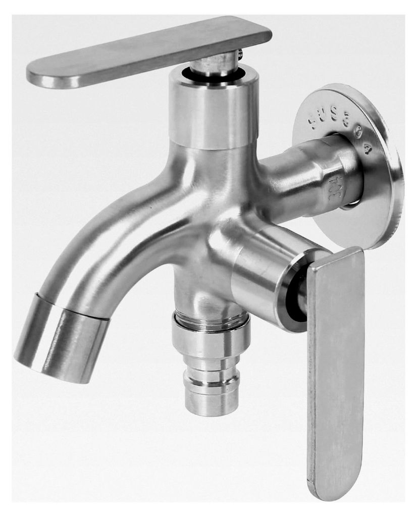Doppelter Wasserhahn 1/2 Zoll mit zwei Ausläufen, Edelstahl Wasserhahn für Garten, Waschmaschine und Haushalt