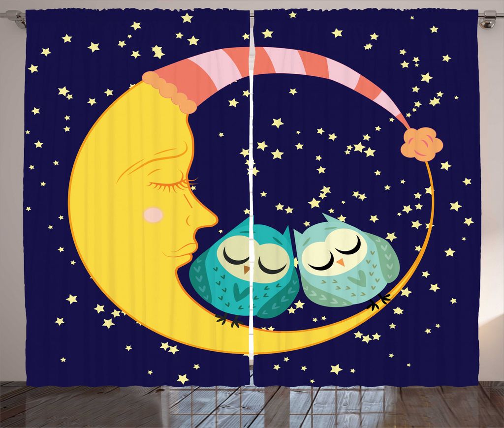 ABAKUHAUS Mond Rustikaler Vorhang, Sleeping Owl Couple Crescent, Wohnzimmer Universalband Gardinen mit Schlaufen und Haken, 280 x 225 cm, Indigo un...