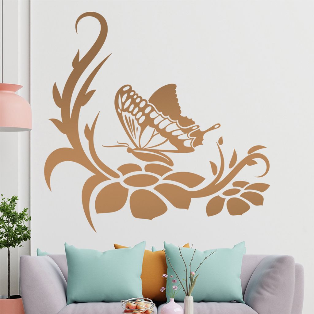 Großer Falter Blüten Wandtattoo in 6 Größen - Wandaufkleber Wall Sticker - Dekoration, Küche, Wohnzimmer, Schlafzimmer, Badezimmer