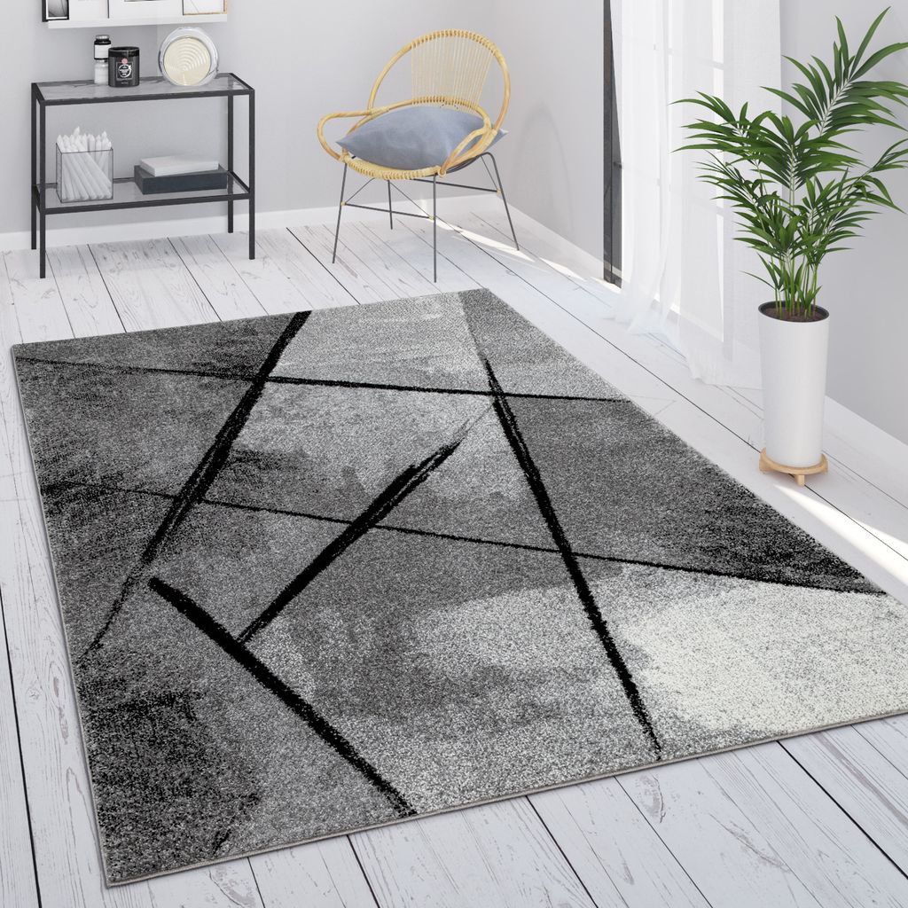 A modern living room with a geometric abstract rug on a wooden floor, a chair, and a plant.