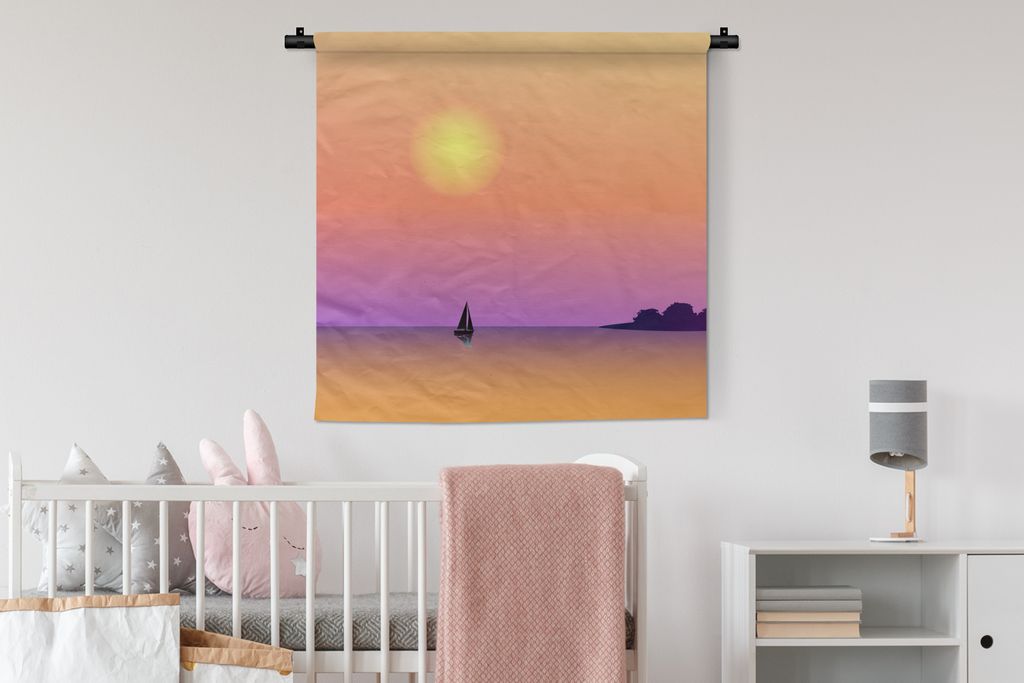 MuchoWow Wandteppich Wandbehang Segelboot - Meer - Nacht - Pastell 90x90 cm Tapisserie Dekoration Wandtuch - Wandaufhänger